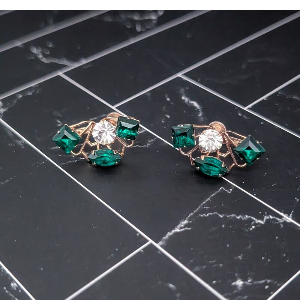 Vintage Screw Back Earrings Green & Clear Gems Gold Tone Regal Statement Unusual